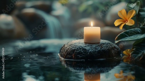 A tranquil setting with a candle perched on a stone, enhancing the peaceful vibe of a spa with water and natural decor.