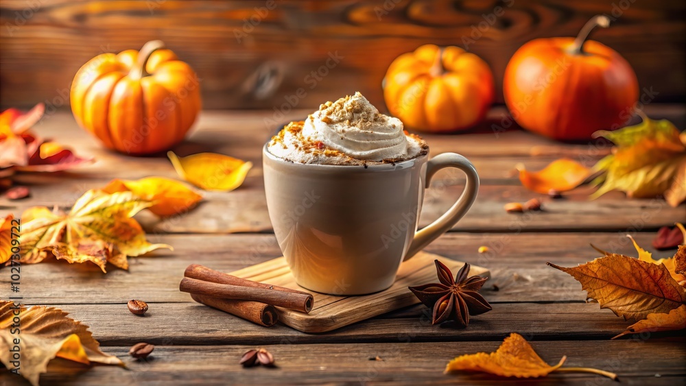 A warm pumpkin spice latte topped with creamy whipped cream and a sprinkle of cinnamon, resting in a cozy autumn setting surrounded by colorful leaves. A warm pumpkin spice latte topped with creamy whipped cream and a sprinkle of cinnamon, resting in a cozy autumn setting surrounded by colorful leaves.