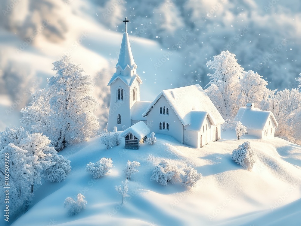 custom made wallpaper toronto digitalÉglise enneigée sur une colline entourée d'arbres en hiver
