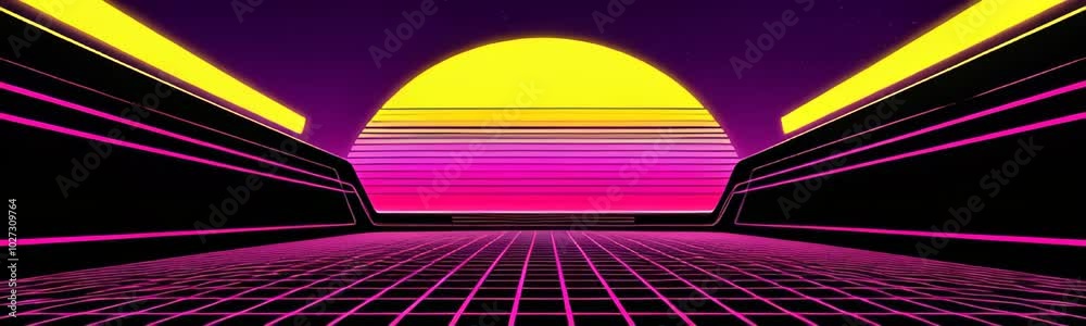 The 80s retro-futuristic background with pink neon grid. Futuristic Concepts. Retro sunset. Retro video game style. Web site banner