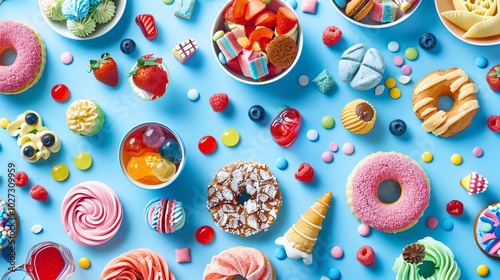 A flat lay of colorful sugary treats and candies.