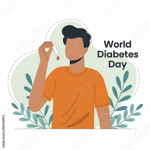 Illustration of a person doing a blood glucose test for World Diabetes Day, focusing on diabetes prevention and medical awareness for November 14.