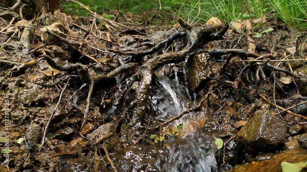 Stream rushing in summer green forest. Small waterfall with clear water. Green wooden stones and trees Stream rushing in summer green forest. Small waterfall with clear water. Green wooden stones and trees