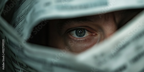 A single eye peers through a folded newspaper page, evoking curiosity, secrecy, and the pursuit of knowledge amid journalistic intrigue and discovery.