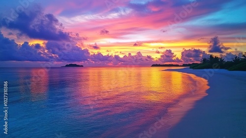 Tropical Sunset Over Calm Ocean with Silhouetted Islands and Palm Trees