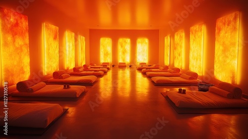 Relaxing atmosphere of a traditional Korean jjimjilbang spa with warm lighting and comfortable cushions