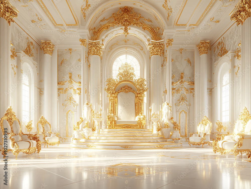 Fototapeta premium a luxurious room, featuring a large, ornate throne with a red cushion and gold trim. The room is filled with white marble columns and arches, and is illuminated by sunlight streaming in through the wi