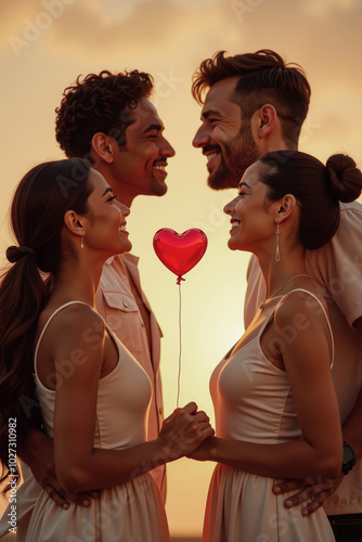 Romantic Couples Holding a Heart Balloon at Sunset. They hold a red heart-shaped balloon between them, symbolizing love, connection, and togetherness. lesbian, gays, LGTBI+