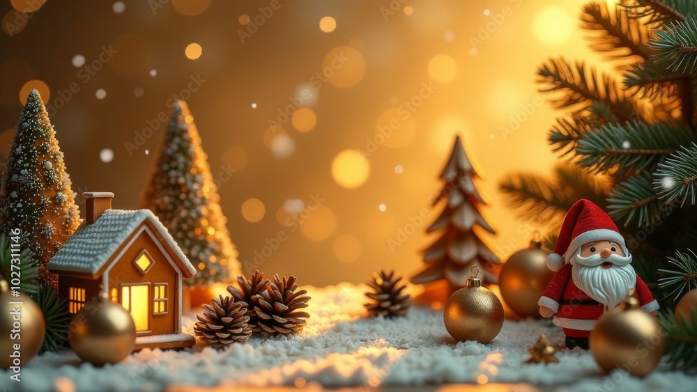 Christmas card on a gold background of fir branches,Christmas balls,gingerbread houses, Santa and teddy bears on a gold background. Sparkling bokeh. Free space for text