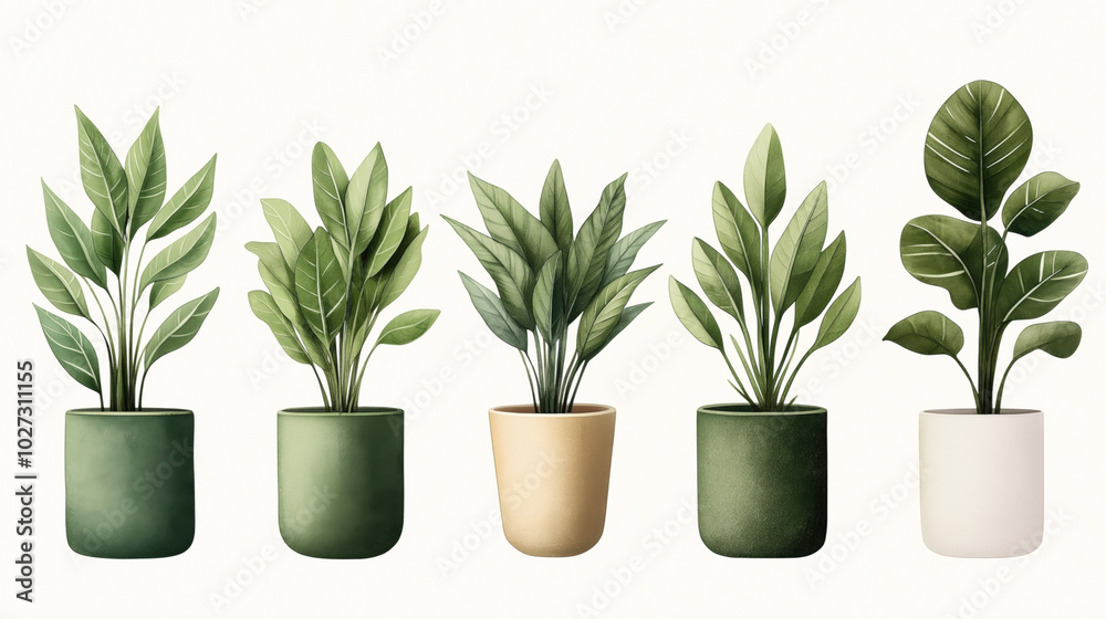 Illustration of five potted plants with various green leaves in different shaped pots on a light background. Illustration of five potted plants with various green leaves in different shaped pots on a light background.