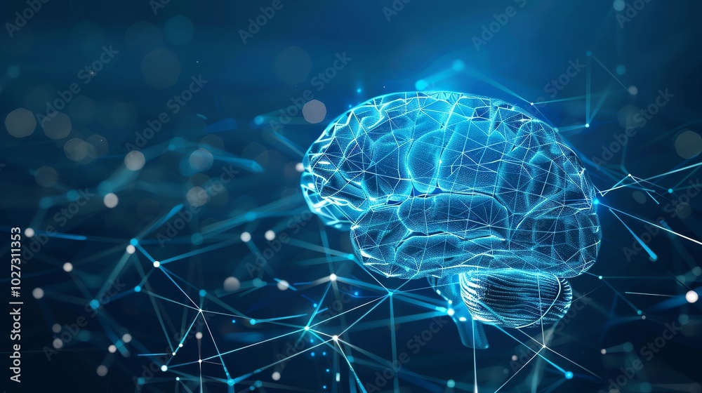 A digital representation of a human brain with glowing lines. A digital representation of a human brain with glowing lines.