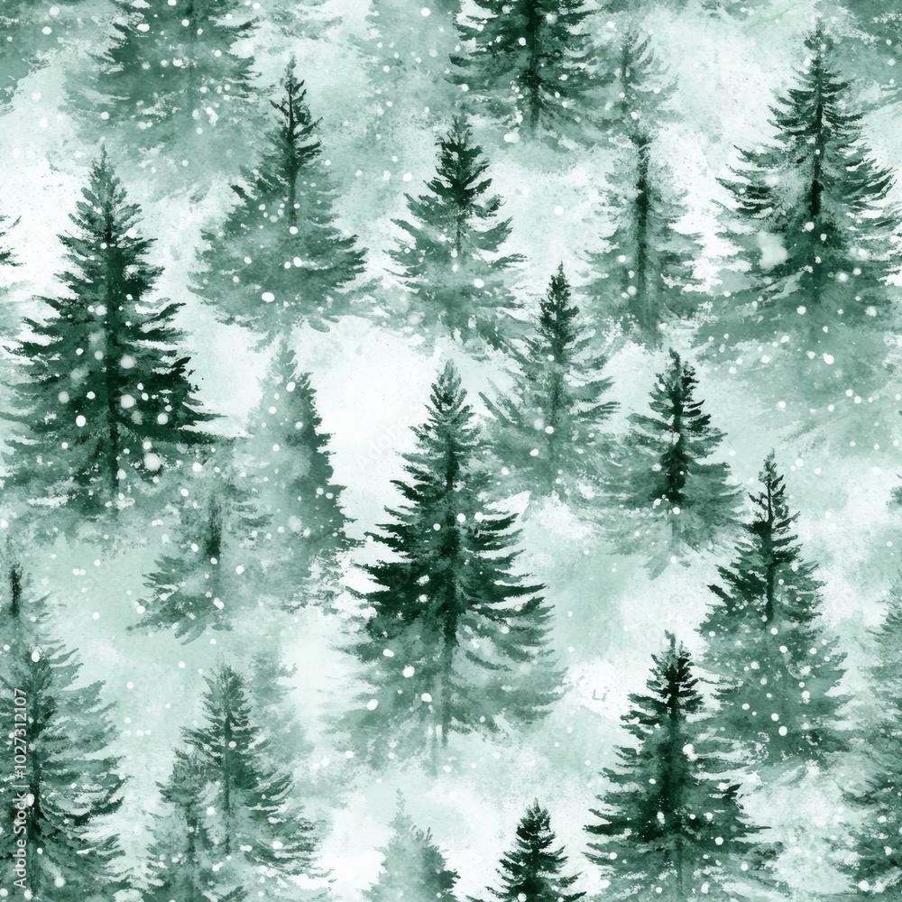 Fototapeta premium Watercolor Winter Forest Seamless Pattern.