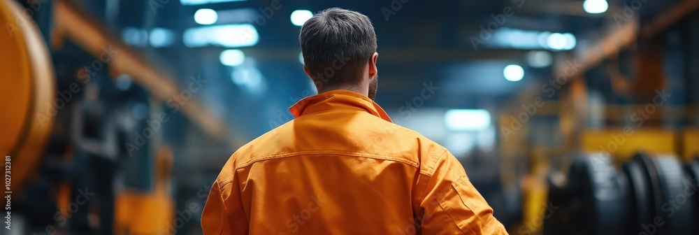 A factory worker in an orange jacket, viewed from behind, stands in a bustling industrial setting, capturing a sense of diligence and industrious atmosphere. A factory worker in an orange jacket, viewed from behind, stands in a bustling industrial setting, capturing a sense of diligence and industrious atmosphere.