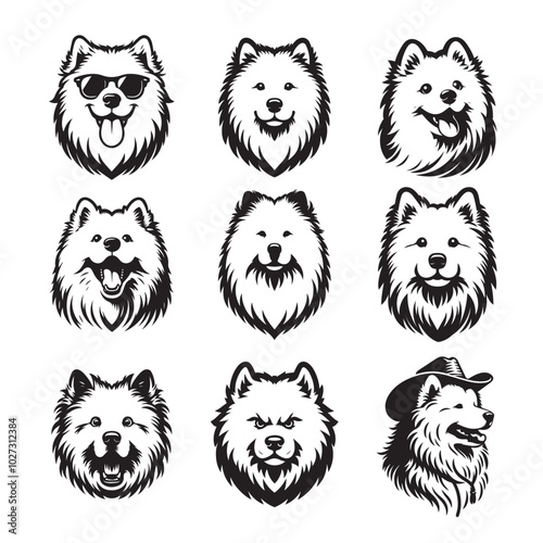 Collection of Samoyed Dog Face vector illustration - Samoyed Dog clipart Design in black and white
