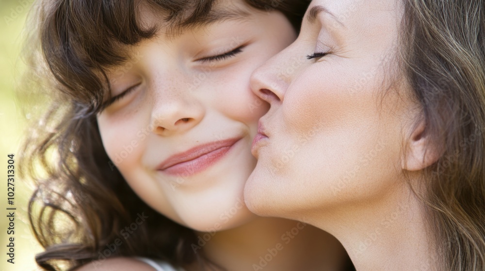 Close up of a daughter giving her mother a kiss, simple composition with ample copy space. Close up of a daughter giving her mother a kiss, simple composition with ample copy space.
