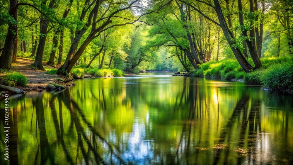Fototapeta premium Calm waters in a peaceful creek reflect a serene scene, with gentle ripples creating a tranquil atmosphere, inviting contemplation and the soothing embrace of nature.