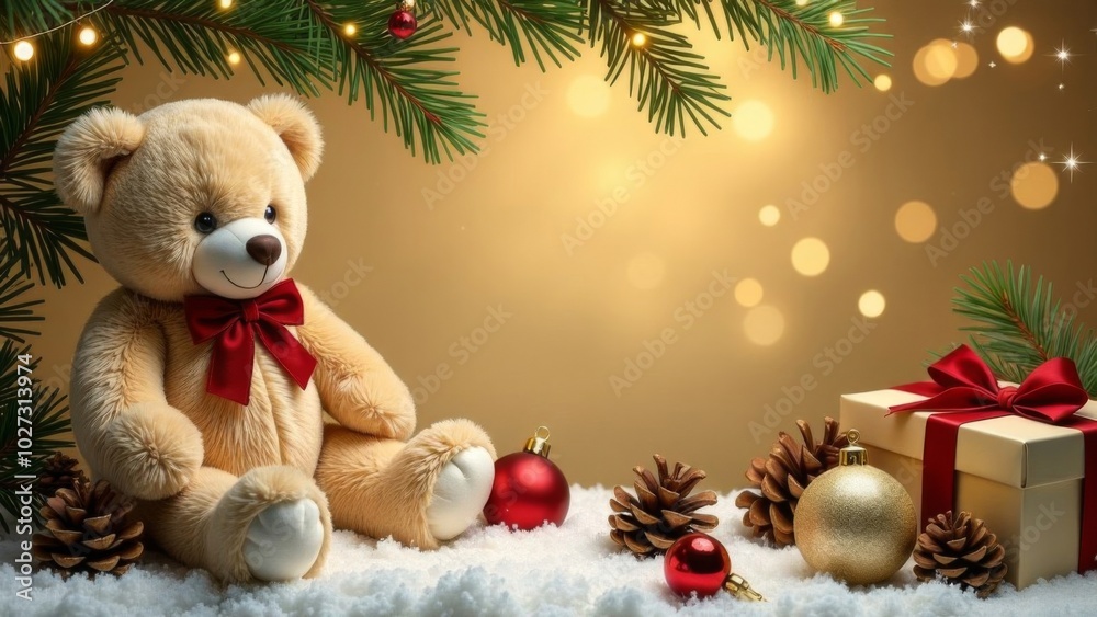 Christmas card on a gold background of fir branches,Christmas balls,gingerbread houses, Santa and teddy bears on a gold background. Sparkling bokeh. Free space for text Christmas card on a gold background of fir branches,Christmas balls,gingerbread houses, Santa and teddy bears on a gold background. Sparkling bokeh. Free space for text