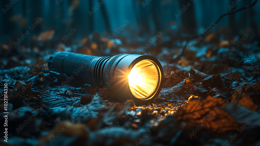 A small flashlight, shining brightly, lies on the forest floor covered with leaves. A small flashlight, shining brightly, lies on the forest floor covered with leaves.