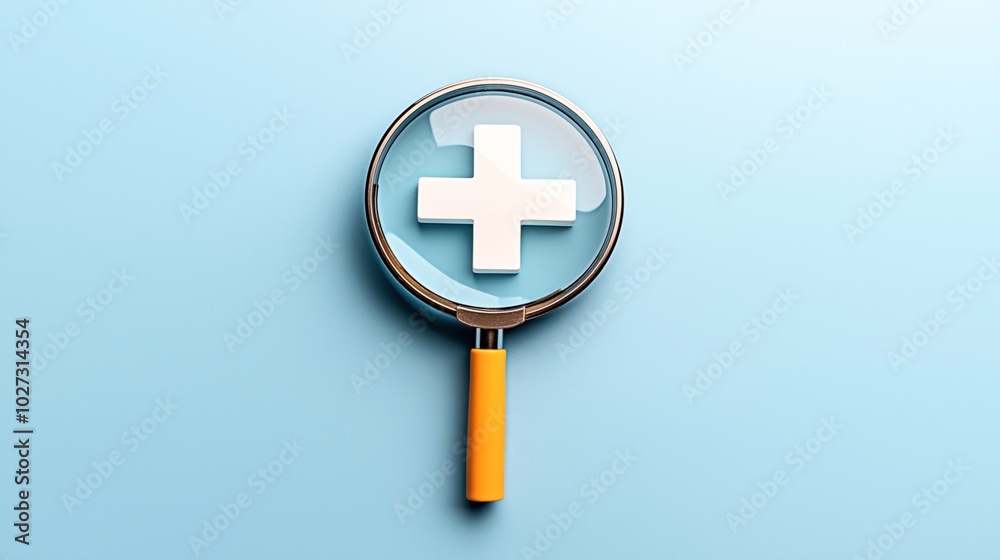 Magnifying glass with yellow handle enlarging a white medical cross on a light blue background Magnifying glass with yellow handle enlarging a white medical cross on a light blue background