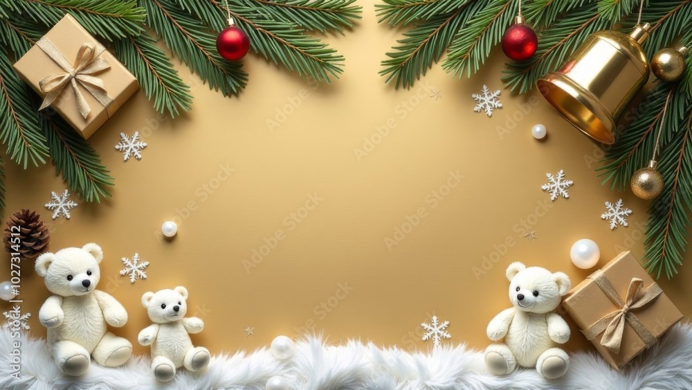 Christmas card on a gold background of fir branches,Christmas balls,gingerbread houses, Santa and teddy bears on a gold background. Sparkling bokeh. Free space for text