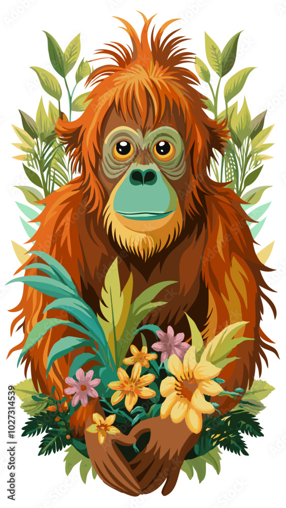 Obraz premium orangutan with flowers, orangutan illustration vector, Sumatran orangutan vector