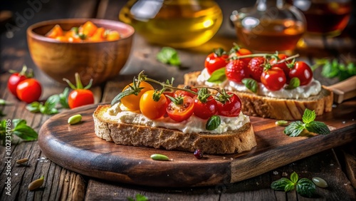 Captivating night photography showcasing delectable ricotta toast adorned with fresh ingredients, beautifully illuminated by ambient lighting, enhancing its culinary appeal and aesthetic charm.