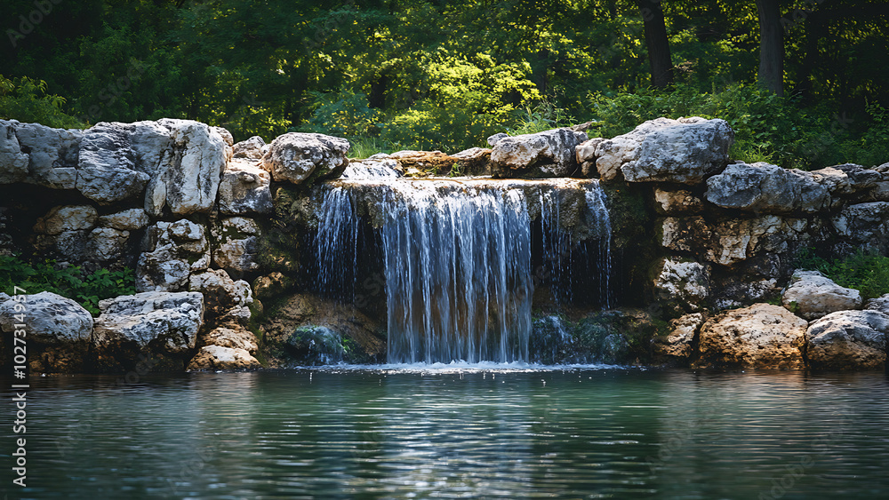 Naklejka premium A beautiful waterfall cascading into a calm pool, surrounded by lush green trees and rocks.