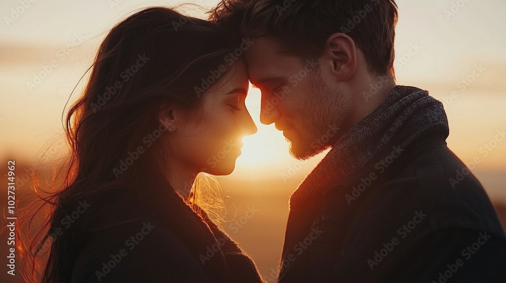 An intimate portrait of a couple embracing during a sunset, captured from a close angle that focuses on their expressions. The warm colors of the sunset create a romantic backdrop, enhancing the An intimate portrait of a couple embracing during a sunset, captured from a close angle that focuses on their expressions. The warm colors of the sunset create a romantic backdrop, enhancing the