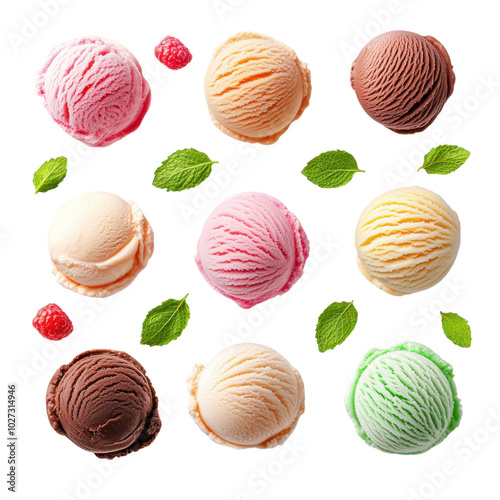 Colorful Top View Collection of Delicious Ice Cream Scoops in Various Flavors and Textures