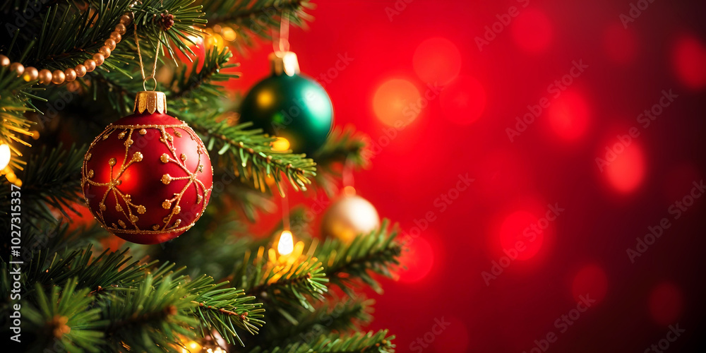 Close-up of a Christmas tree decorated with beautiful ornaments and glowing lights, on a colorful background. A festive christmas atmosphere.