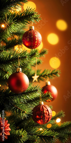 Close-up of a Christmas tree decorated with beautiful ornaments and glowing lights, on a colorful background. A festive christmas atmosphere.