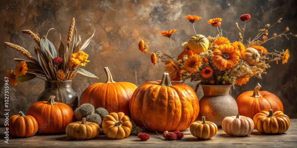 Celebrate autumn with a gentle still life featuring vibrant orange pumpkins and delicate dried flowers, perfect for enhancing your seasonal decor and creating a cozy atmosphere. Celebrate autumn with a gentle still life featuring vibrant orange pumpkins and delicate dried flowers, perfect for enhancing your seasonal decor and creating a cozy atmosphere.