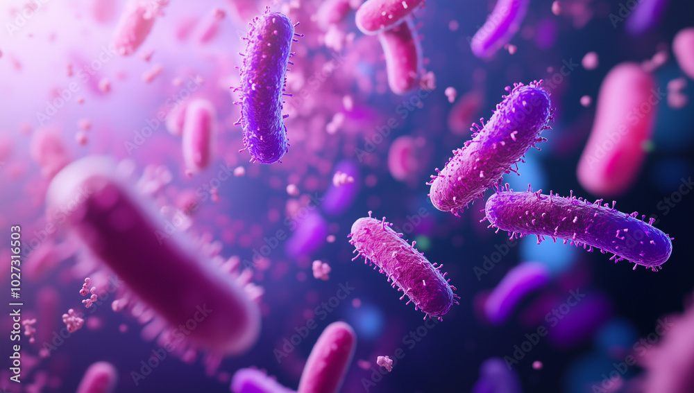 3D render of a close-up view of vibrant violet and pink bacteria in the background.