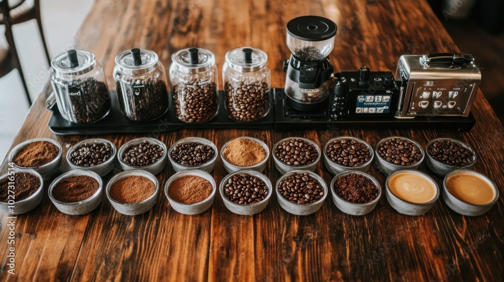 Coffee Bean and Ground Coffee Display with Grinder and Espresso Machine