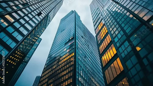 Wallpaper Mural A striking view of modern skyscrapers with reflective glass and illuminated windows, showcasing urban architecture in a cityscape. Torontodigital.ca