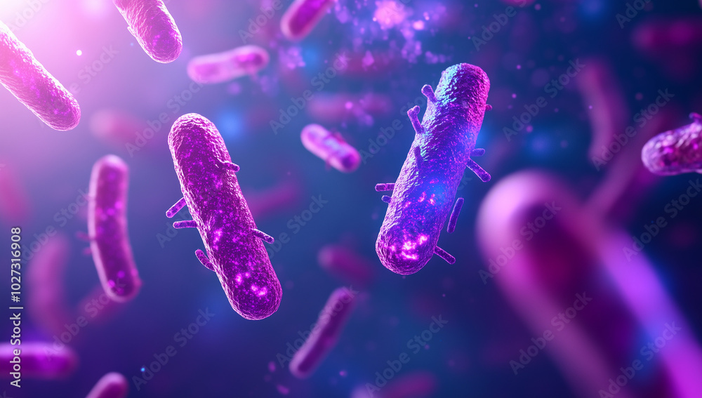 3D render of a close-up view of vibrant violet and pink bacteria in the background. 3D render of a close-up view of vibrant violet and pink bacteria in the background.