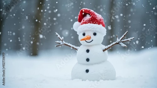 Cute little snowman wearing a Santa hat is outside with gentle winter snowflakes falling down