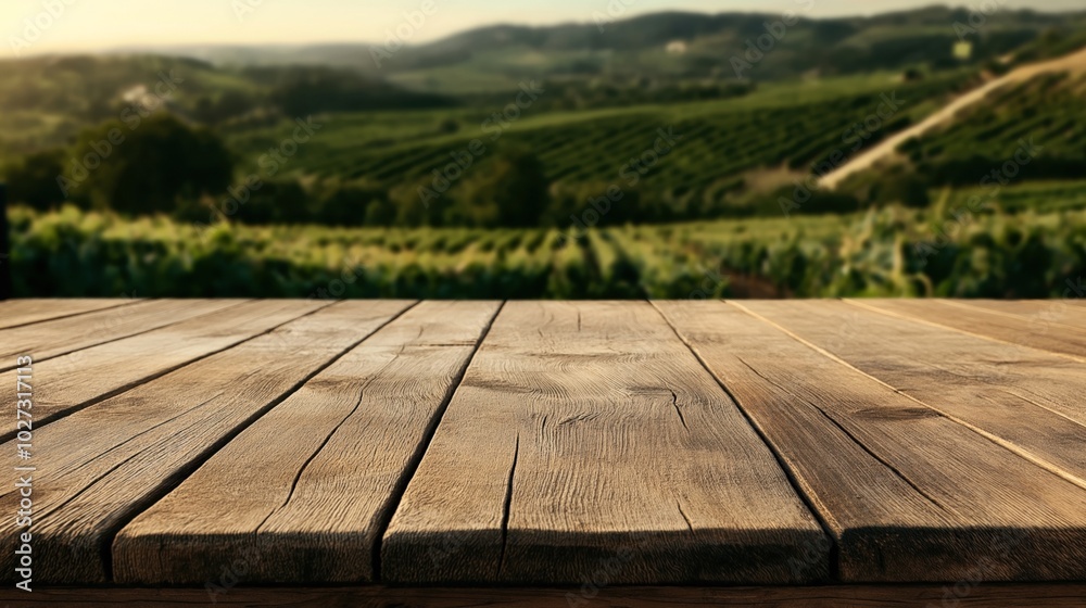 Wooden table surface in the foreground with a blurred background of lush, green vineyard fields on a sunny day, showing rows of vines and a scenic landscape. Wooden table surface in the foreground with a blurred background of lush, green vineyard fields on a sunny day, showing rows of vines and a scenic landscape.