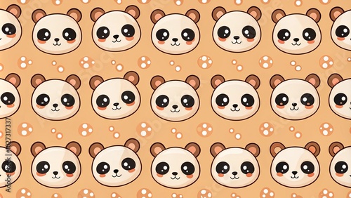 Charming kawaii panda seamless pattern features adorable chibi faces on a soft peach fuzz background, perfect for kids’ textiles and delightful paper prints.