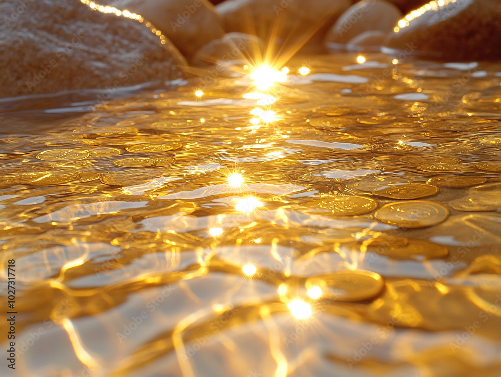 Obraz premium water with shimmering gold coins glistening in the light, creating a beautiful contrast with the rippling water.