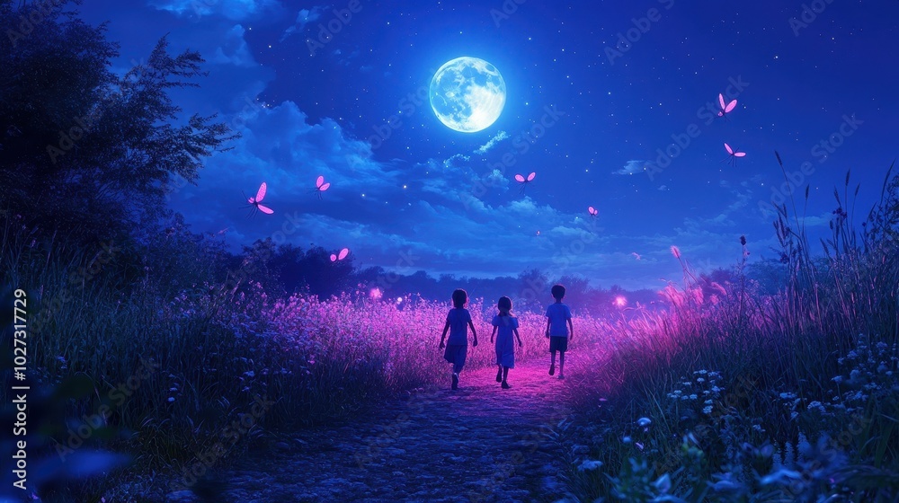 Fototapeta premium Three children walking on a moonlit path through a surreal, vibrant field of flowers with glowing pink butterflies under a starry night sky