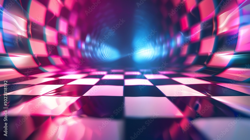 A checkered floor with pink and blue lighting. A checkered floor with pink and blue lighting.