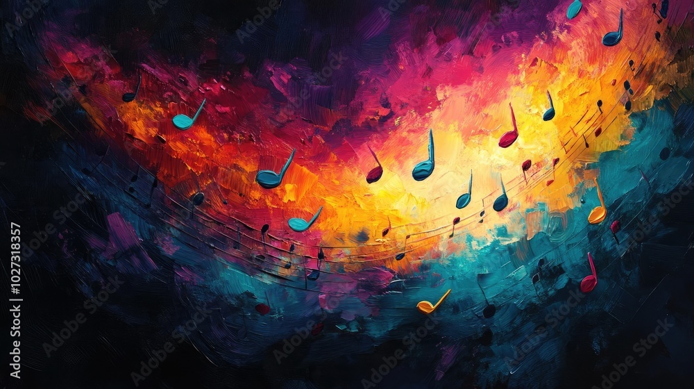 High-angle view of a vibrant minimalistic musical landscape, notes dancing in colorful harmony, expressive visual rhythm High-angle view of a vibrant minimalistic musical landscape, notes dancing in colorful harmony, expressive visual rhythm