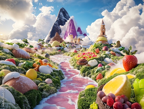 Eye-level view of a vibrant fantasy world, surreal food mountains and rivers, whimsical culinary creations flourish, enchanting dreamlike atmosphere photo