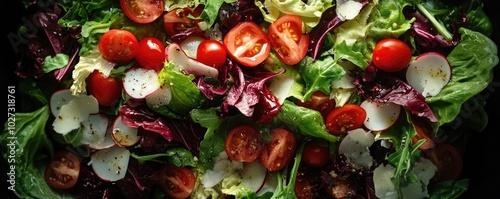 Low-angle shot of a gourmet salad, fusion of elegance and everyday ingredients, intricate macro photography reveals freshness photo