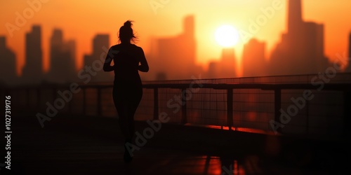 A person is jogging along a railing with a city skyline in the background, silhouetted against a vibrant sunset sky, evoking themes of health and perseverance.