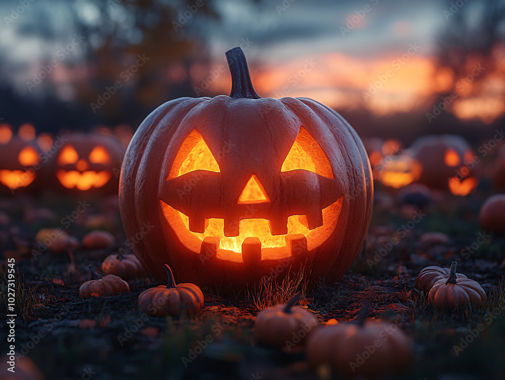 a bunch of jack-o'-lanterns, with one prominently featuring a smiling grin and a glowing pumpkin in the background.