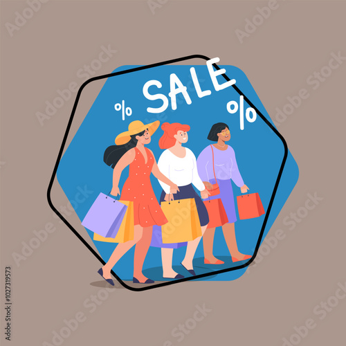 Happy women with shopping bags impressed with discounts. Female friends or customers shopping together in mall, shop or store vector illustration. Fashion, shopping, sale concept for banner design
