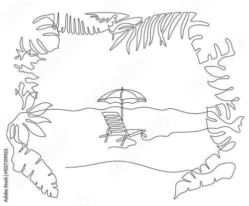 Beach umbrella and lounger near palm tree , continuous editable single line drawing. Leaves of palm trees, tropical plants in the form of a frame. Concept of summer vacation