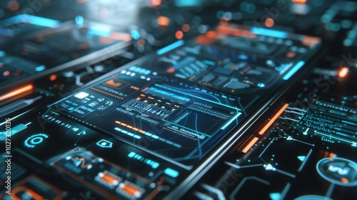 Futuristic interface with glowing blue lines and orange accents.